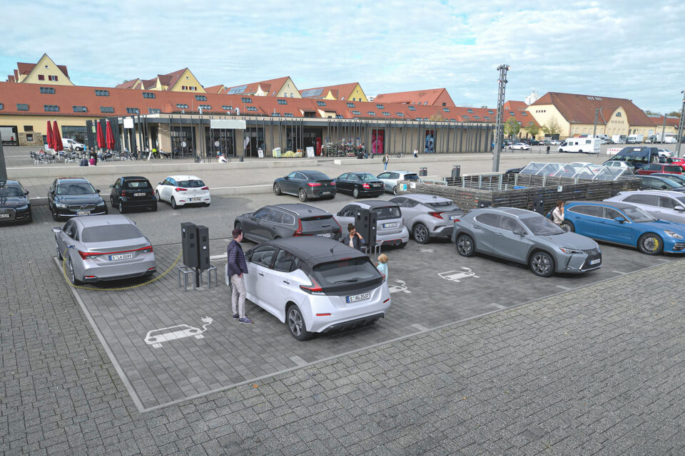 Das erste Parkfeld soll mit 16 AC-Ladepunkten ausgestattet werden. (Foto: Stadtwerke Stuttgart/LINK3D)